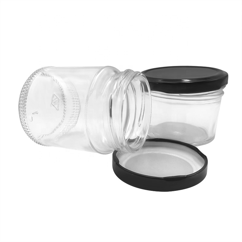 Top Quality Empty Clear Glass Jar Glass Hnoey / Jelly /Jam With Black Metal Cap