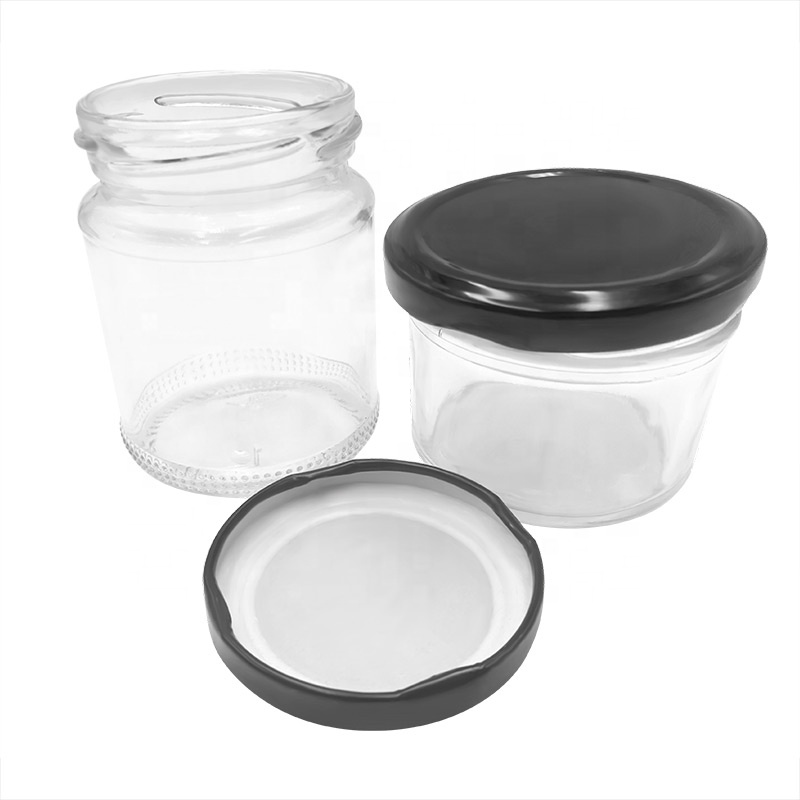 Top Quality Empty Clear Glass Jar Glass Hnoey / Jelly /Jam With Black Metal Cap