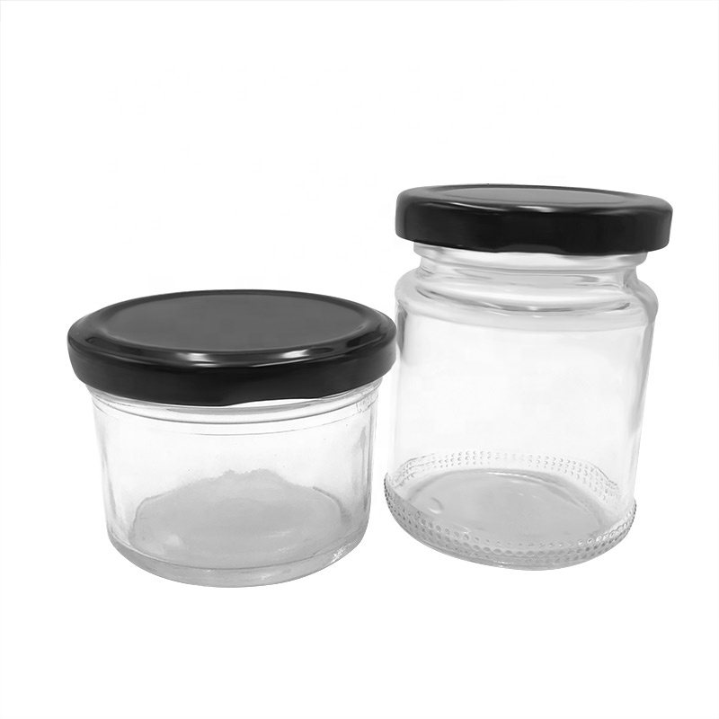 Top Quality Empty Clear Glass Jar Glass Hnoey / Jelly /Jam With Black Metal Cap