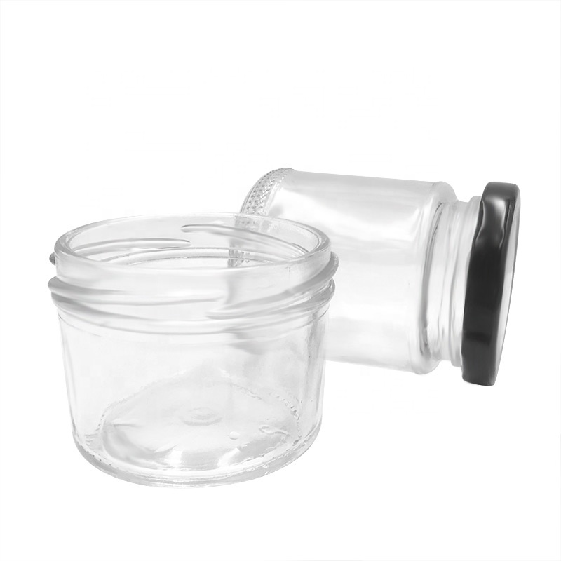 Top Quality Empty Clear Glass Jar Glass Hnoey / Jelly /Jam With Black Metal Cap