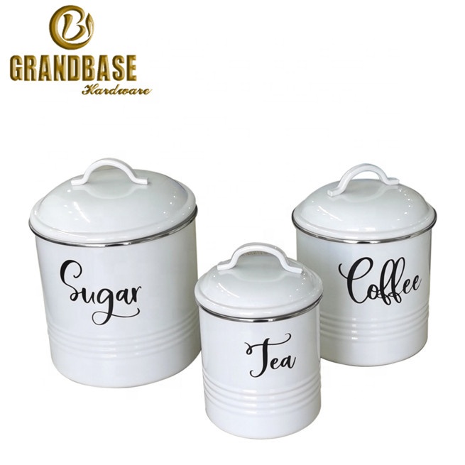 Top Selling Set of 3 Home Enamel metal coffee sugar tea canister Set food  Storage Container Set With Lid stainless steel rim