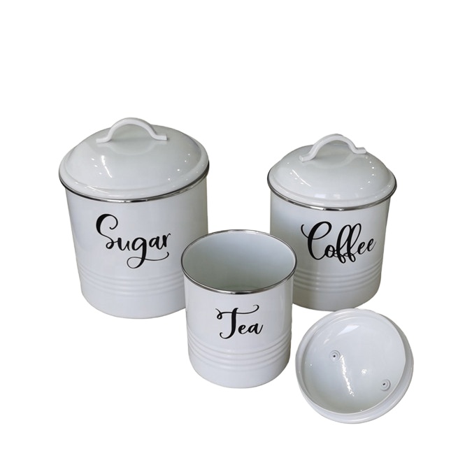 Top Selling Set of 3 Home Enamel metal coffee sugar tea canister Set food Storage Container Set With Lid stainless steel rim