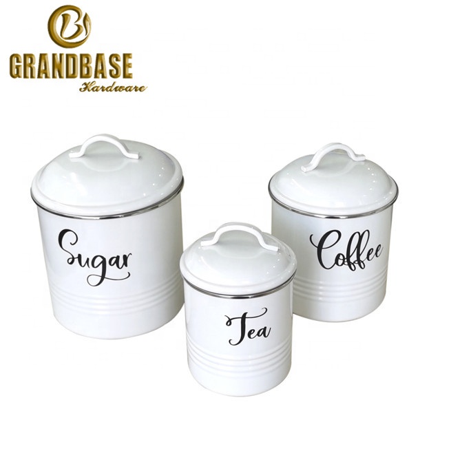Top Selling Set of 3 Home Enamel metal coffee sugar tea canister Set food Storage Container Set With Lid stainless steel rim