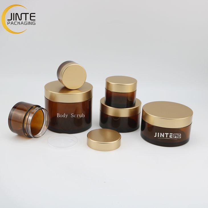 Top design Plastic Body Butter PETG container Amber color Jar with Matte Gold Lids for Man skin care products