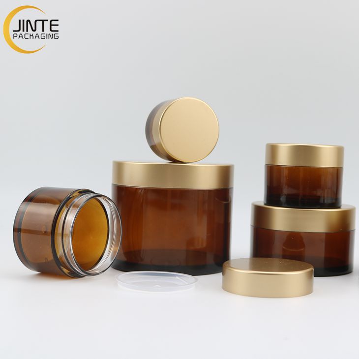 Top design Plastic Body Butter PETG container Amber color Jar with Matte Gold Lids for Man skin care products