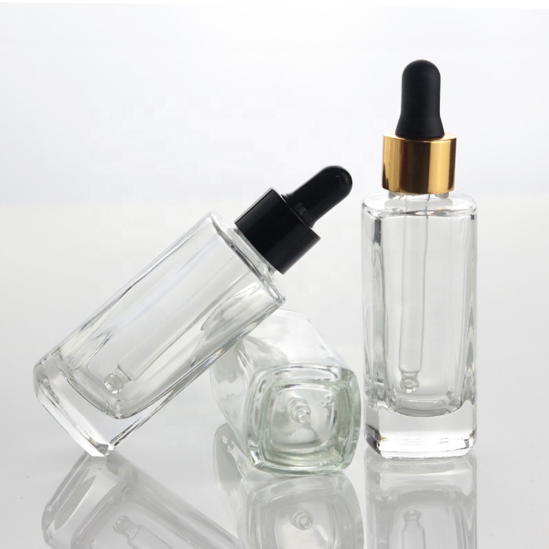 Top quality 30ml clear square aluminum dropper bottle tall flat glass bottle for essential oil (EPG18)