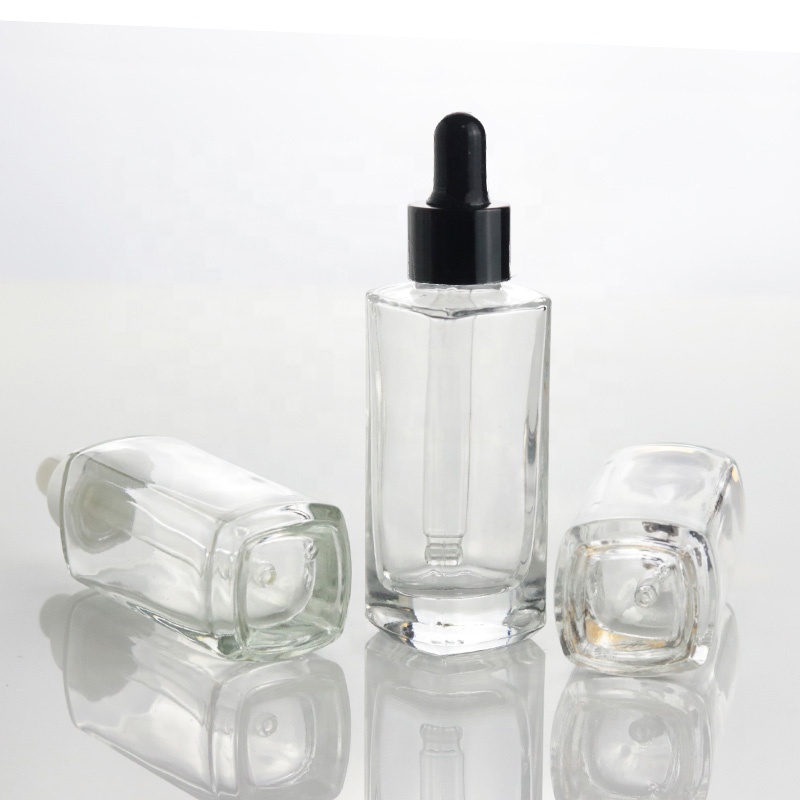 Top quality 30ml clear square aluminum dropper bottle tall flat glass bottle for essential oil (EPG18)