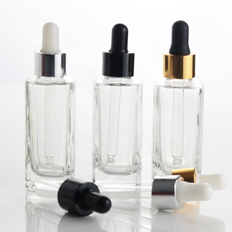 Top quality 30ml clear square aluminum dropper bottle tall flat glass bottle for essential oil (EPG18)