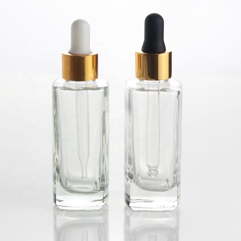 Top quality 30ml clear square aluminum dropper bottle tall flat glass bottle for essential oil (EPG18)
