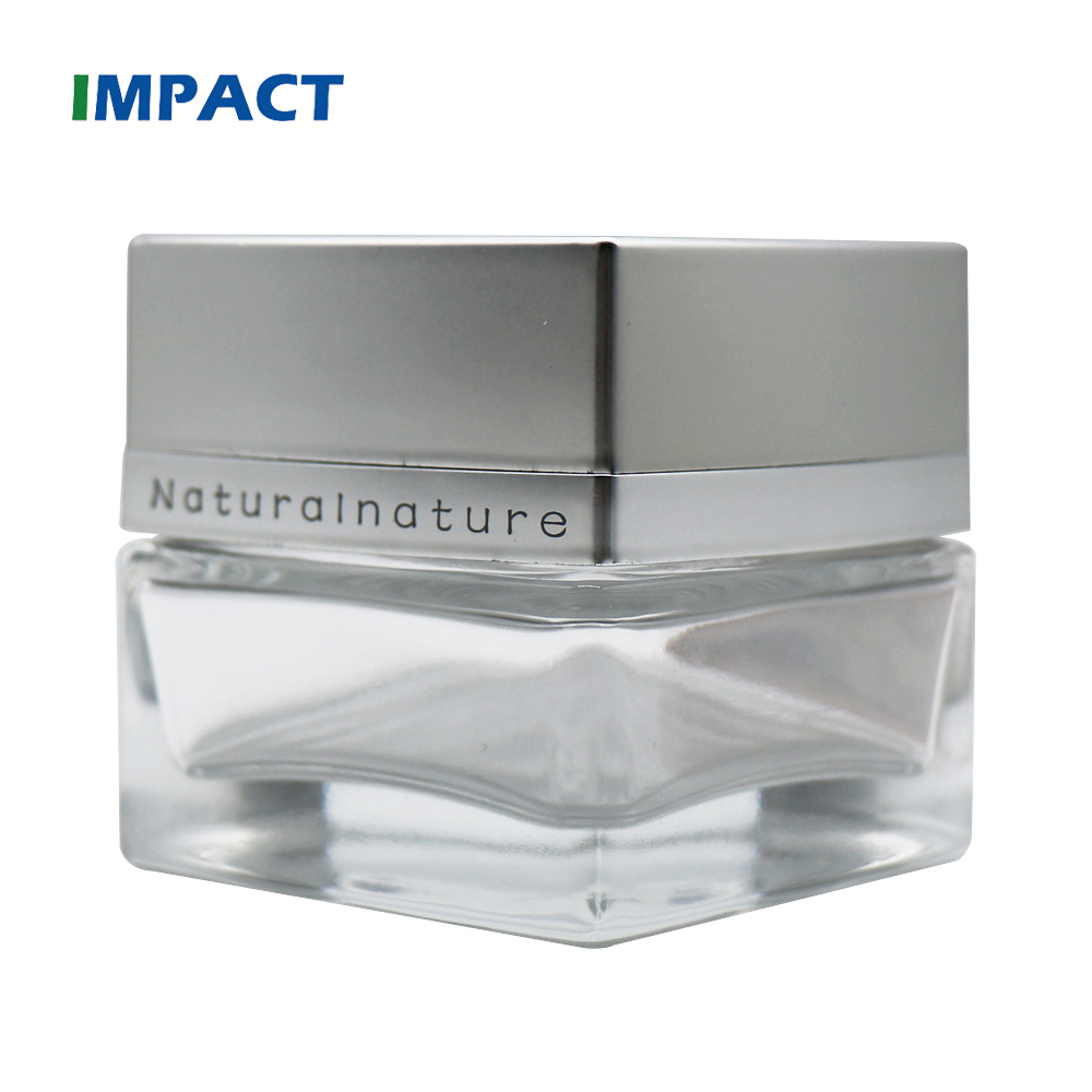 Top quality custom 50g luxury cosmetic square glass cream jar with electroplated lid