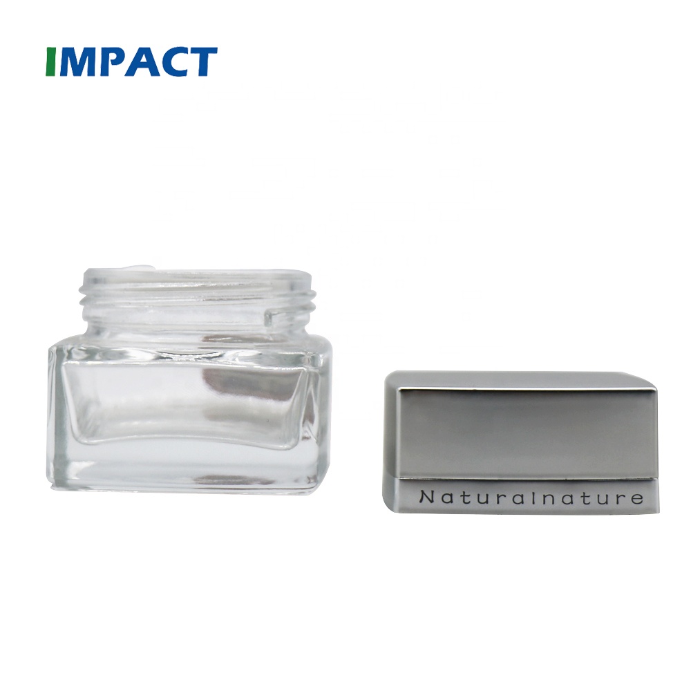 Top quality custom 50g luxury cosmetic square glass cream jar with electroplated lid