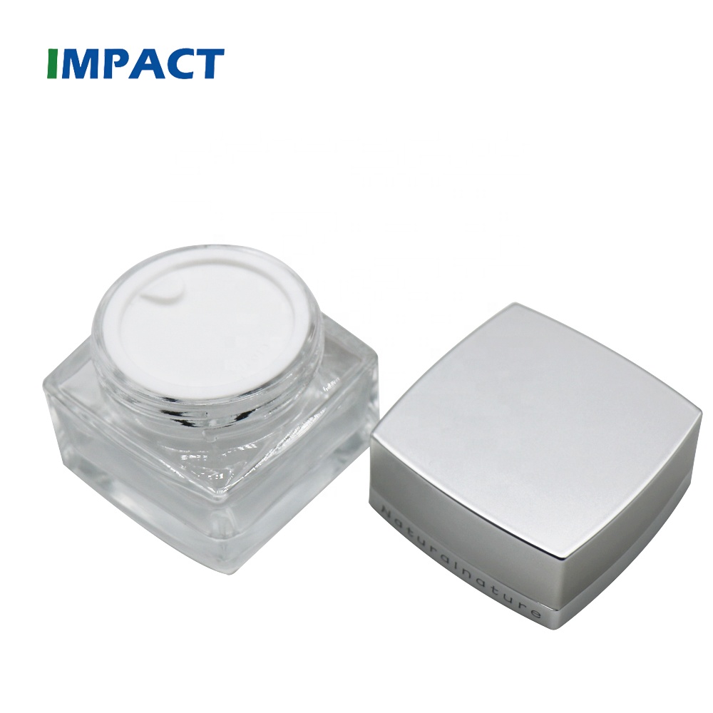Top quality custom 50g luxury cosmetic square glass cream jar with electroplated lid