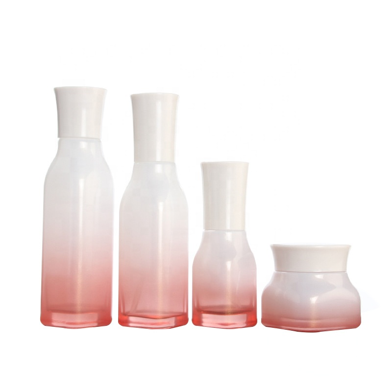 Top quality luxury pink cosmetic glass bottle set