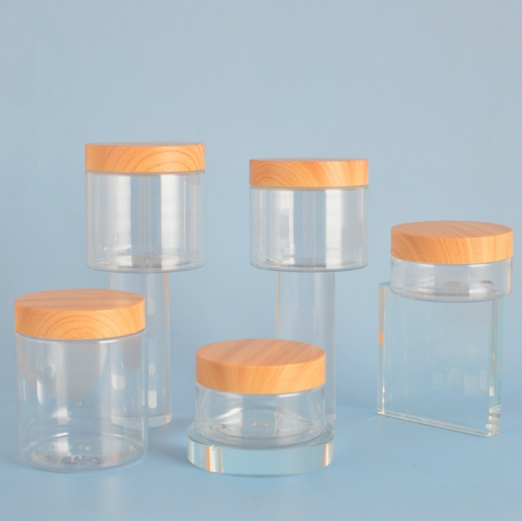 Top quality plastic cream jar wood grain cosmetic jars and bottles face cream jar