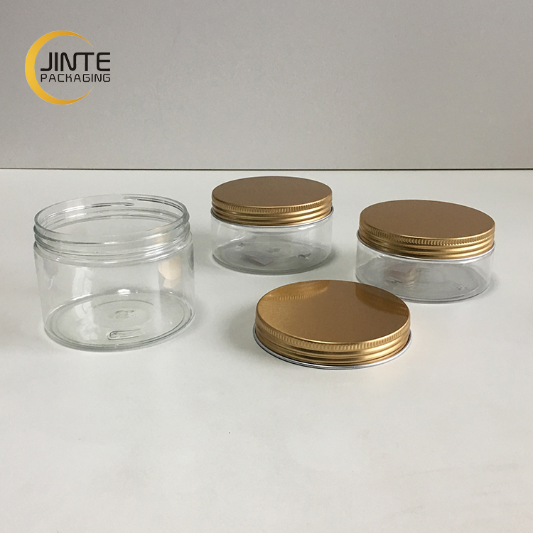 Top selling Cosmetic Container Cosmetics, Transparent PET Jar With 89mm Aluminum Gold Cap