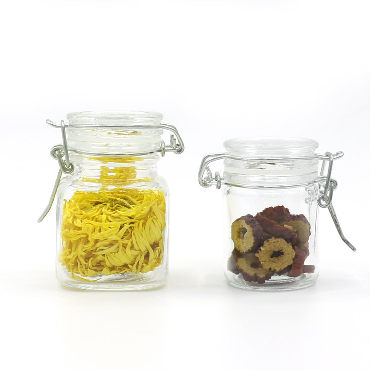 Transparent 100ml square honey jam caviar glass jar with stainless steel buckle