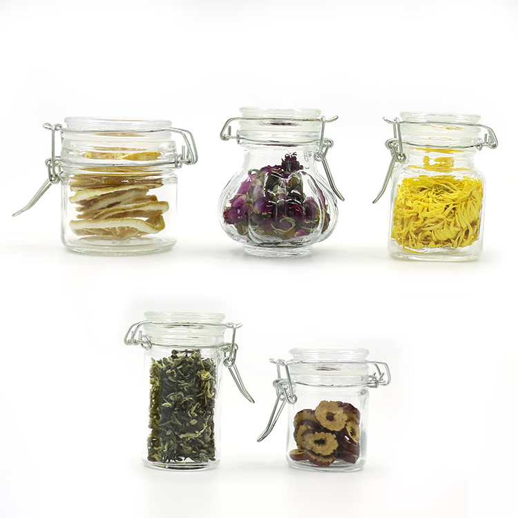 Transparent 100ml square honey jam caviar glass jar with stainless steel buckle