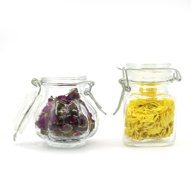 Transparent 100ml square honey jam caviar glass jar with stainless steel buckle