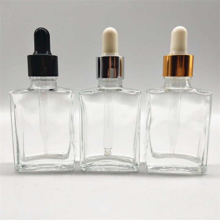 Transparent 15ml 30ml 50ml 100ml clear square glass bottle rectangle cosmetic essential oil bottle with dropper cap