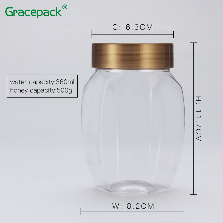 Transparent 360ml/500g Diamond/Hexagon PET Honey packaging plastic jar