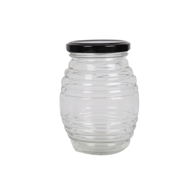 Transparent 380ml 730ml Honeycomb shaped honey glass jar with metal cap