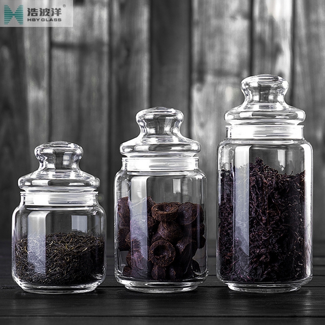 Transparent 500ml tea storage glass jar with glass lid