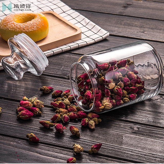 Transparent 500ml tea storage glass jar with glass lid