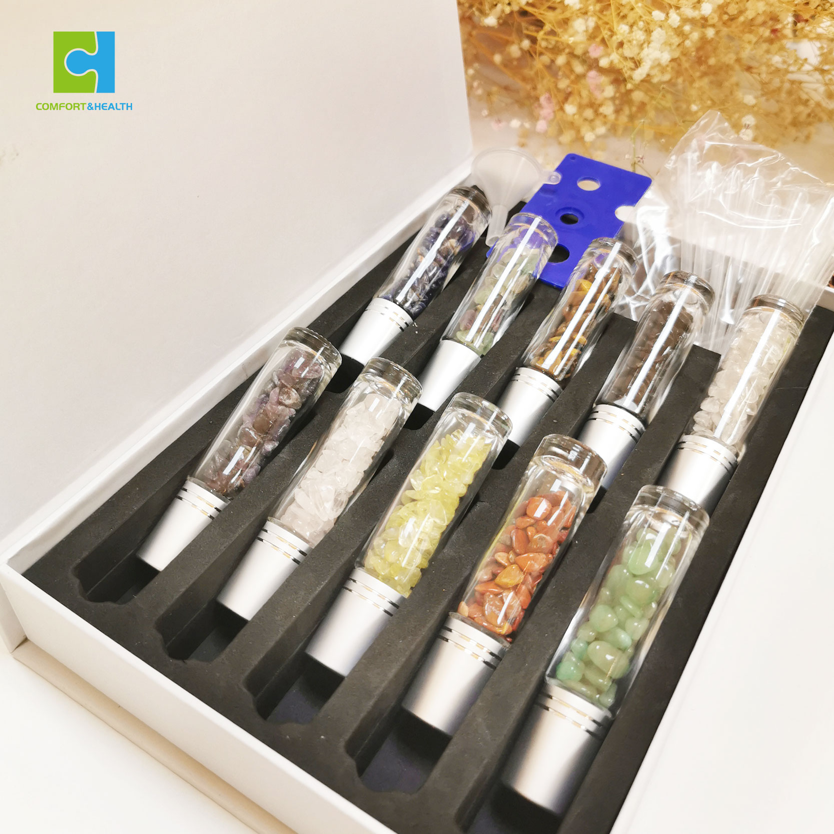 Transparent Glass 10Ml Natural Stones Healing Crystal Chips Gemstone Roller Ball Essential Oil Bottles