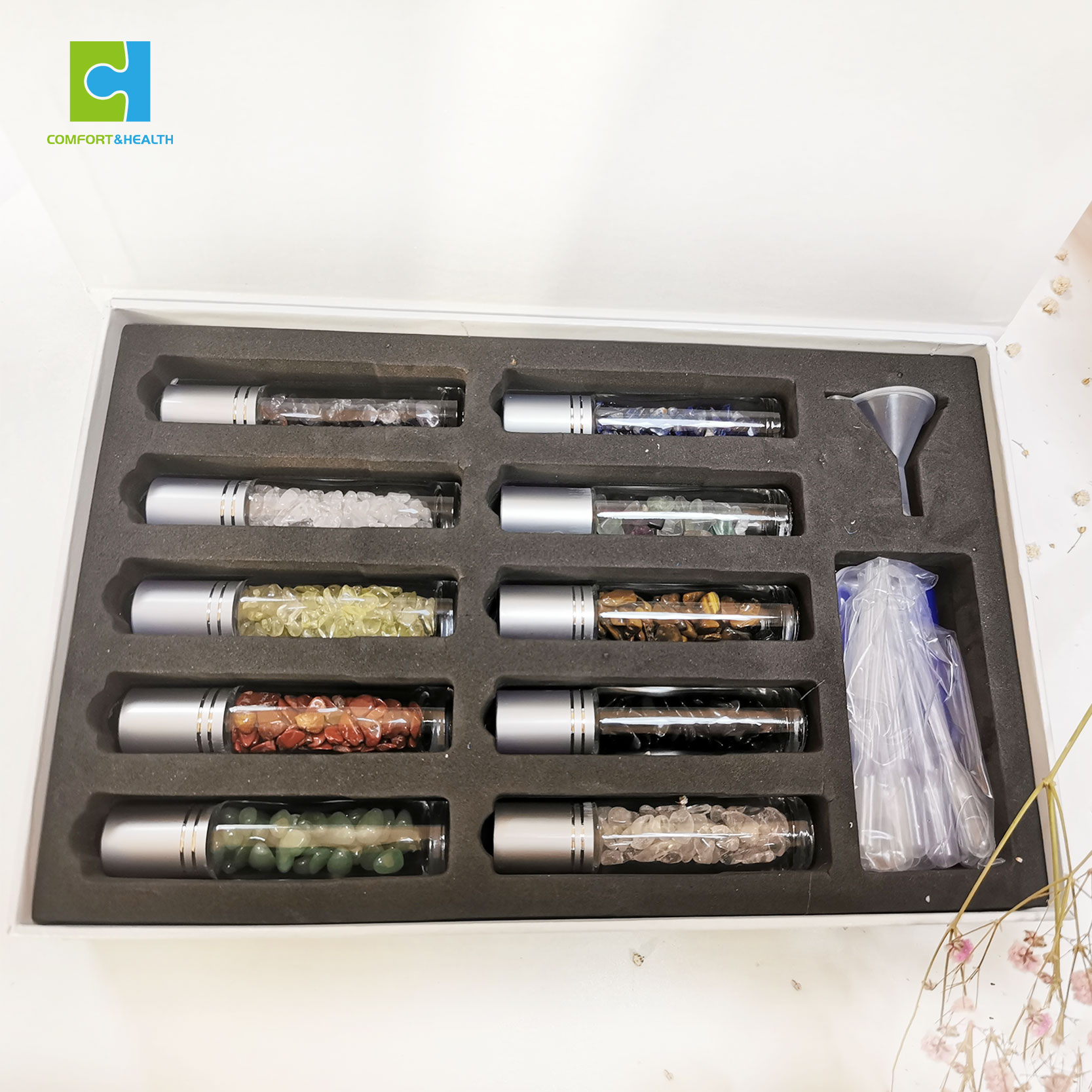 Transparent Glass 10Ml Natural Stones Healing Crystal Chips Gemstone Roller Ball Essential Oil Bottles