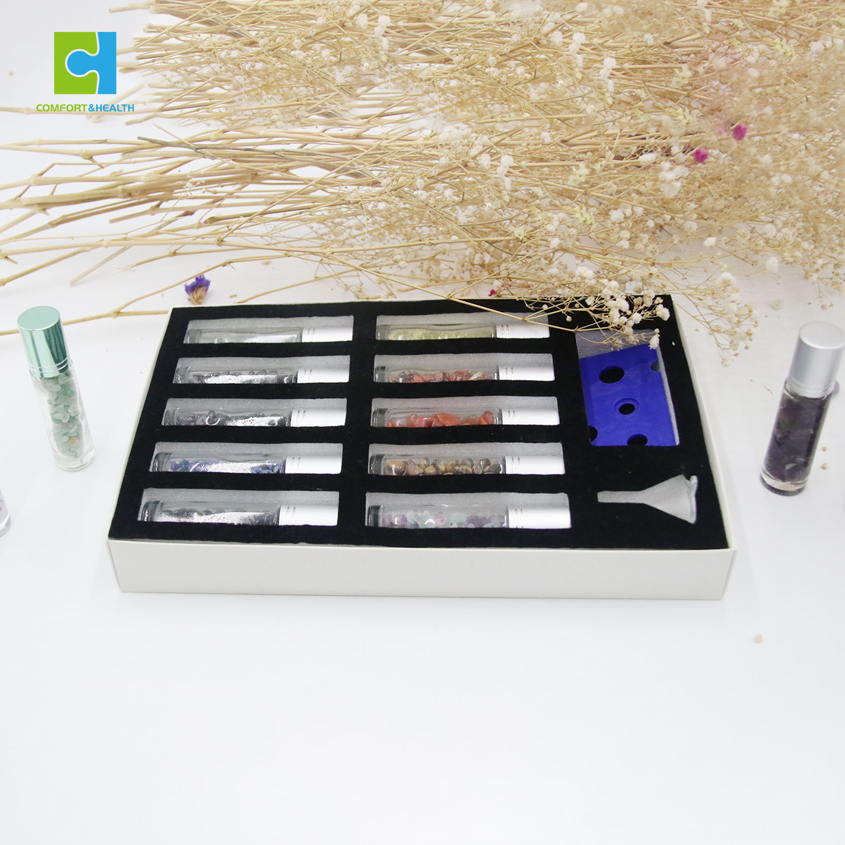 Transparent Glass 10Ml Natural Stones Healing Crystal Chips Gemstone Roller Ball Essential Oil Bottles