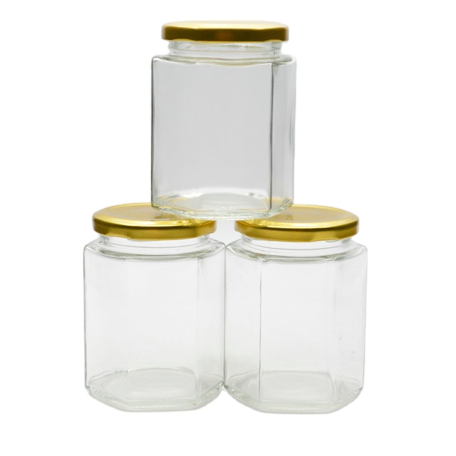 Transparent Hexagon Shape 300ml Honey Jam Jelly Jar Glass Honey Jar with Metal Lid