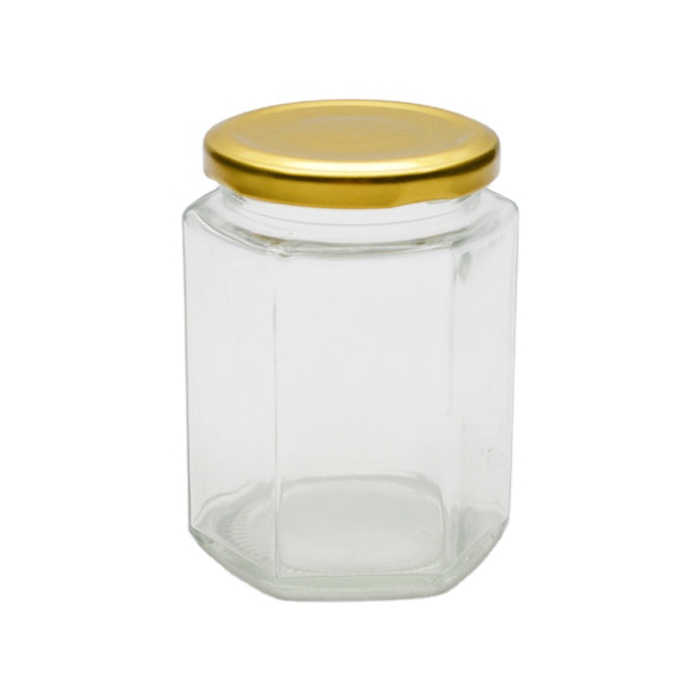 Transparent Hexagon Shape 300ml Honey Jam Jelly Jar Glass Honey Jar with Metal Lid