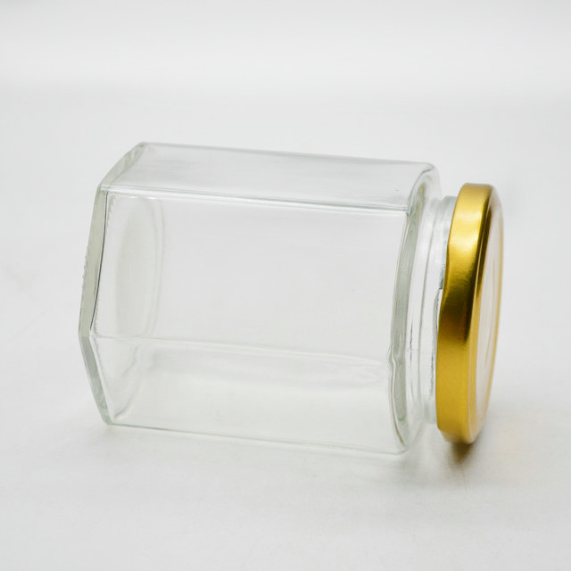 Transparent Hexagon Shape 300ml Honey Jam Jelly Jar Glass Honey Jar with Metal Lid