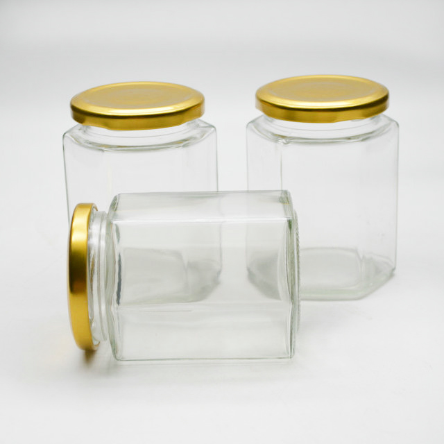 Transparent Hexagon Shape 300ml Honey Jam Jelly Jar Glass Honey Jar with Metal Lid