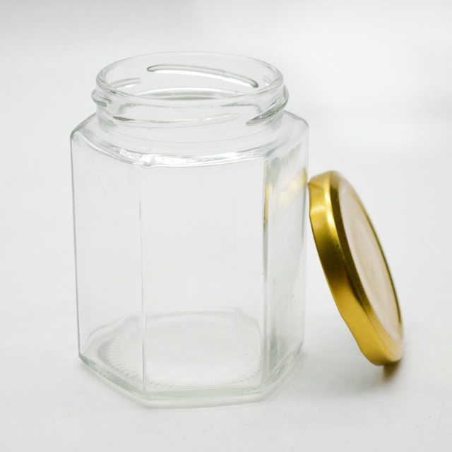 Transparent Hexagon Shape 300ml Honey Jam Jelly Jar Glass Honey Jar with Metal Lid