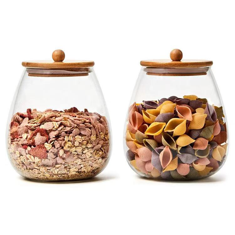 Transparent Kitchen Storage Glass Food Storage Can Bamboo Cover Oval Glass Can