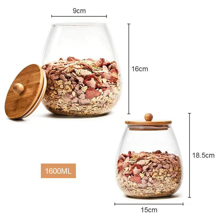 Transparent Kitchen Storage Glass Food Storage Can Bamboo Cover Oval Glass Can
