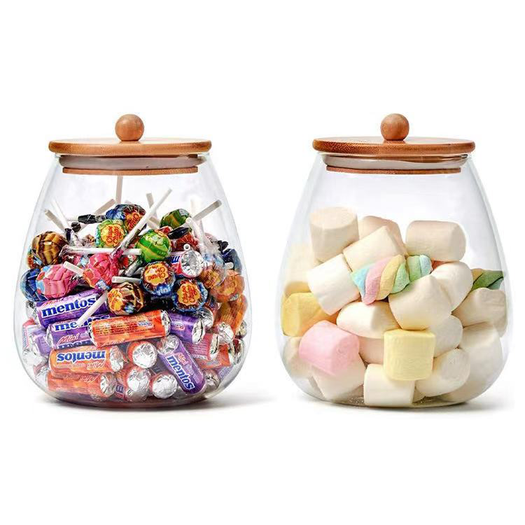 Transparent Kitchen Storage Glass Food Storage Can Bamboo Cover Oval Glass Can