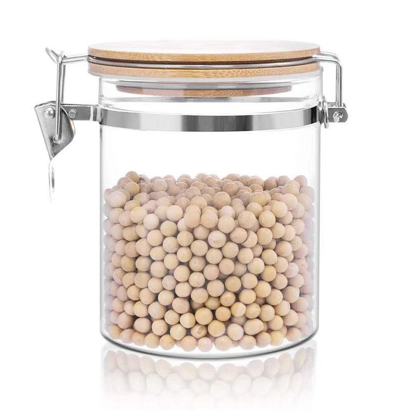 Transparent Sealed Food Storage Jar With Bamboo Cover And Stainless Steel Buckle