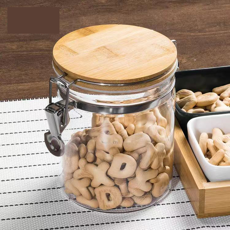 Transparent Sealed Food Storage Jar With Bamboo Cover And Stainless Steel Buckle