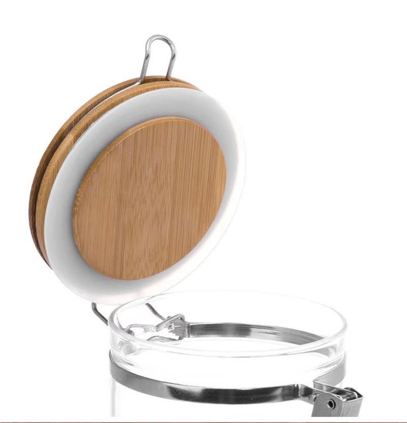 Transparent Sealed Food Storage Jar With Bamboo Cover And Stainless Steel Buckle