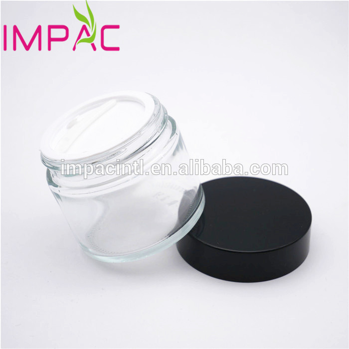 Transparent cosmetic 60ml clear glass jars with black cap for cream 2oz