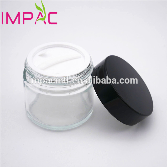 Transparent cosmetic 60ml clear glass jars with black cap for cream 2oz