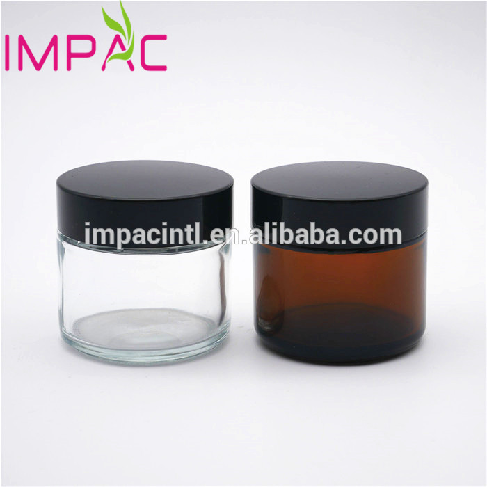 Transparent cosmetic 60ml clear glass jars with black cap for cream 2oz