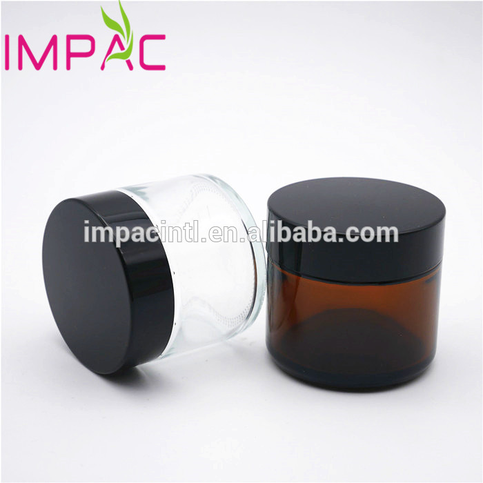Transparent cosmetic 60ml clear glass jars with black cap for cream 2oz