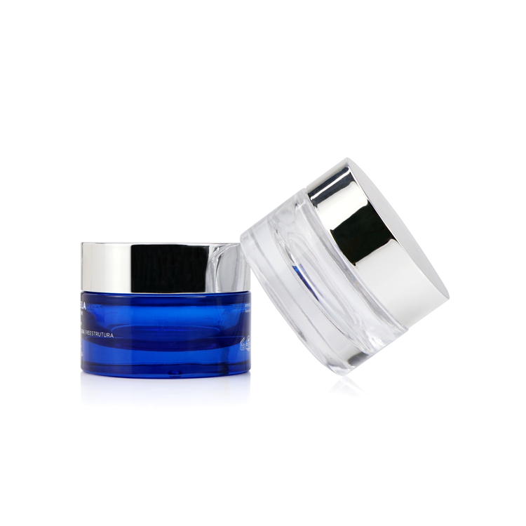 Transparent cosmetic packaging jar 15g 50g round thick bottom blue cosmetic cream jar for sale
