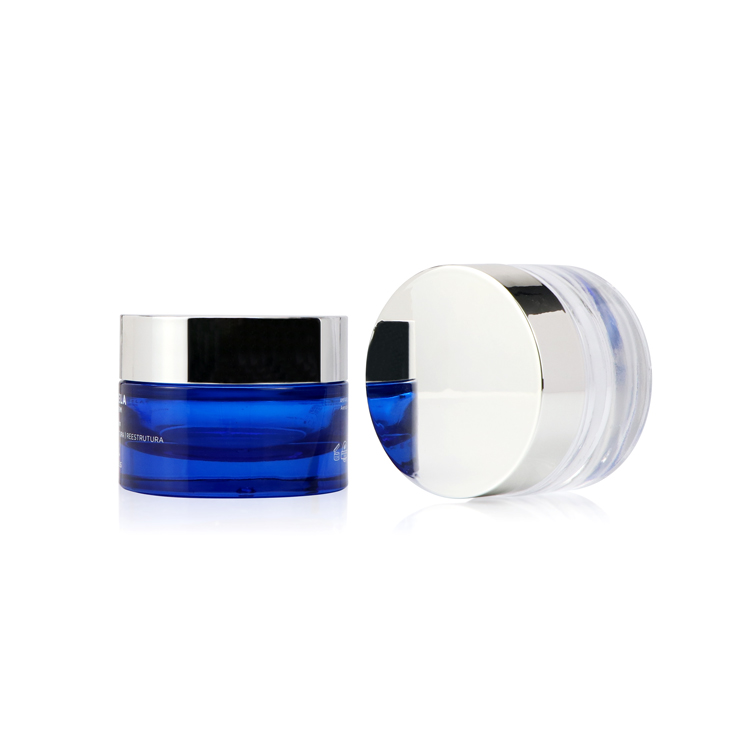 Transparent cosmetic packaging jar 15g 50g round thick bottom blue cosmetic cream jar for sale