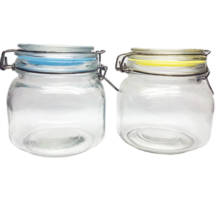 Transparent empty square 750ml wide mouth airtight glass storage jar with metal clip lock