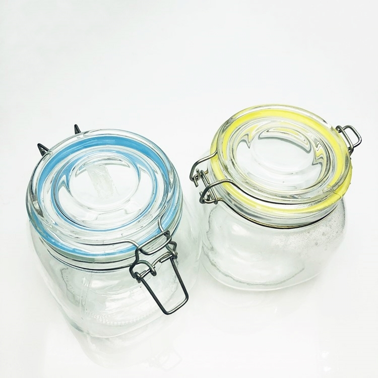 Transparent empty square 750ml wide mouth airtight glass storage jar with metal clip lock