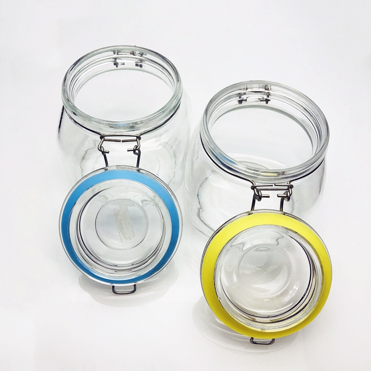 Transparent empty square 750ml wide mouth airtight glass storage jar with metal clip lock